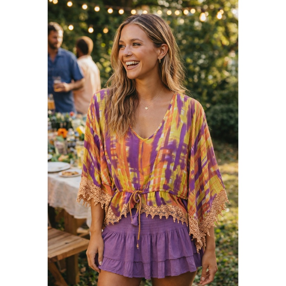 Womens Top XL Colorful Tunic Boho Hippie Vacay Retro Coquette Festival‎ Summer